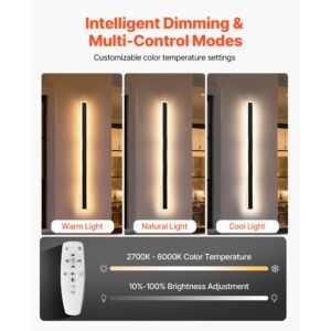 outdoor wall lights, 2 pack, 47.2 inch long strip modern exterior wall sconce light fixtures, 2700k 6000k, ip65 waterproof anti rust, dimmable outside wall mount lighting, for house porch garage