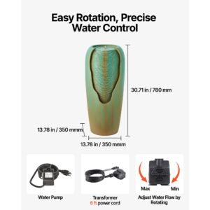 outdoor water fountain, 30.71 in height fountain and waterfall, 1 tier floor standing glazed jar style fountains with led light and pump, for outdoor indoor garden, home, patio & yard (green)