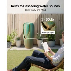 outdoor water fountain, 30.71 in height fountain and waterfall, 1 tier floor standing glazed jar style fountains with led light and pump, for outdoor indoor garden, home, patio & yard (green)
