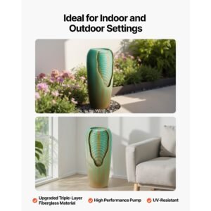 outdoor water fountain, 30.71 in height fountain and waterfall, 1 tier floor standing glazed jar style fountains with led light and pump, for outdoor indoor garden, home, patio & yard (green)