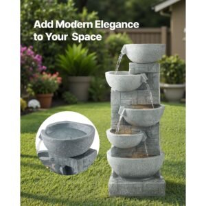 outdoor water fountain, 31.5 in height fountain and waterfall, 5 tier floor standing bowl shaped cascading fountains with led light and pump, for outdoor indoor garden, home, patio & backyard