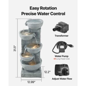 outdoor water fountain, 31.5 in height fountain and waterfall, 5 tier floor standing bowl shaped cascading fountains with led light and pump, for outdoor indoor garden, home, patio & backyard