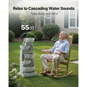 outdoor water fountain, 31.5 in height fountain and waterfall, 5 tier floor standing bowl shaped cascading fountains with led light and pump, for outdoor indoor garden, home, patio & backyard