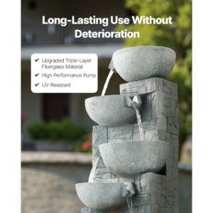 outdoor water fountain, 31.5 in height fountain and waterfall, 5 tier floor standing bowl shaped cascading fountains with led light and pump, for outdoor indoor garden, home, patio & backyard