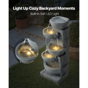 outdoor water fountain, 31.5 in height fountain and waterfall, 5 tier floor standing bowl shaped cascading fountains with led light and pump, for outdoor indoor garden, home, patio & backyard