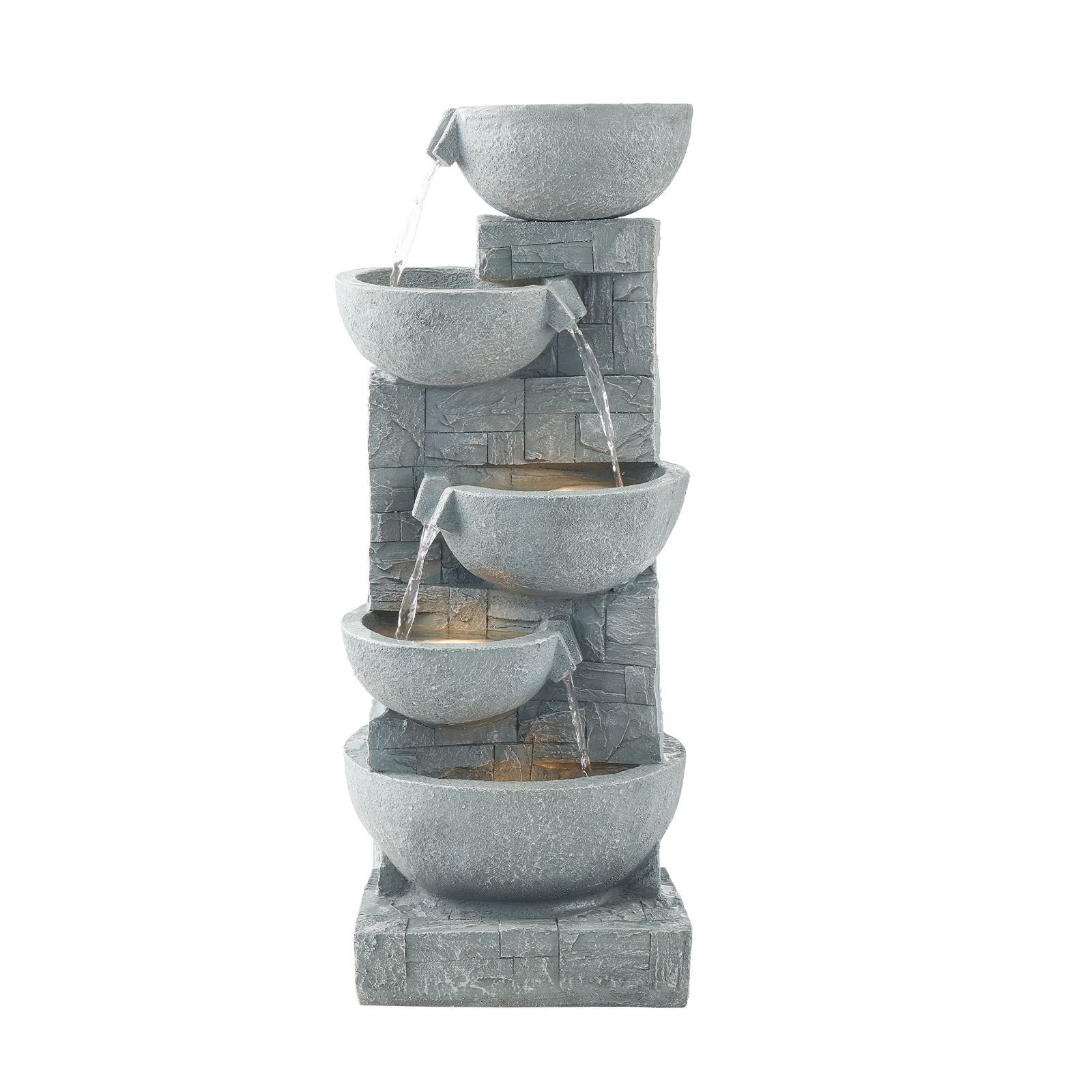 outdoor water fountain, 31.5 in height fountain and waterfall, 5 tier floor standing bowl shaped cascading fountains with led light and pump, for outdoor indoor garden, home, patio & backyard