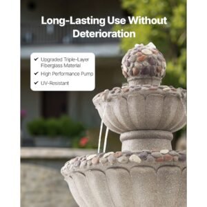 outdoor water fountain, 36.5 in height fountain and waterfall, 2 tier floor standing rock base style fiberglass and resin fountains with pump, for outdoor indoor garden, home, patio & backyard