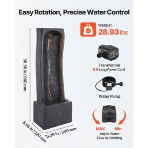 outdoor water fountain, 38.58 in height fountain and waterfall, 1 tier floor standing rock base style fountains with with led light and pump, for outdoor indoor garden, home, patio & backyard