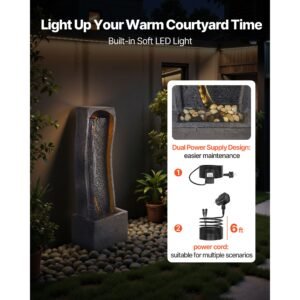 outdoor water fountain, 38.58 in height fountain and waterfall, 1 tier floor standing rock base style fountains with with led light and pump, for outdoor indoor garden, home, patio & backyard