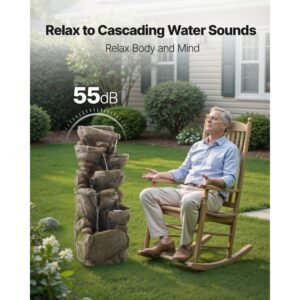 outdoor water fountain, 38.98 in height fountain and waterfall, 7 tier floor standing rock shaped cascading fountains with led light and pump, for outdoor indoor garden, home, patio & backyard