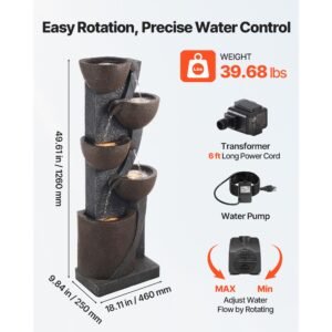 outdoor water fountain, 49.61 in height fountain and waterfall, 5 tier floor standing jar shaped cascading fountains with led light and pump, for outdoor indoor garden, home, patio & backyard