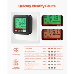 outlet tester, electrical gfci trip tester, lcd display receptacle detector for 7 common wiring faults, 3 prong socket detector with auto shutoff & low battery indicator, cat ii 300v rating