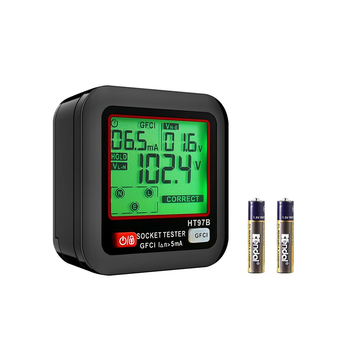 outlet tester, electrical gfci trip tester, lcd display receptacle detector for 7 common wiring faults, 3 prong socket detector with auto shutoff & low battery indicator, cat ii 300v rating