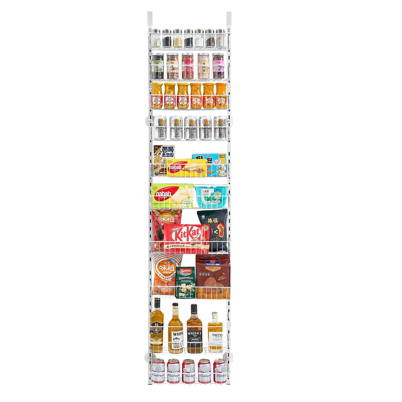 over the door pantry organizer, 10 tier pantry organization and storage, heavy duty steel hanging spice rack, adjustable wall seasoning shelves, for home kitchen laundry room bathroom, white