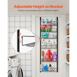 over the door pantry organizer, 6 tier pantry organization and storage, heavy duty steel hanging spice rack, adjustable wall seasoning shelves, for home kitchen laundry room bathroom, black
