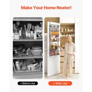 over the door pantry organizer, 6 tier pantry organization and storage, heavy duty steel hanging spice rack, adjustable wall seasoning shelves, for home kitchen laundry room bathroom, black