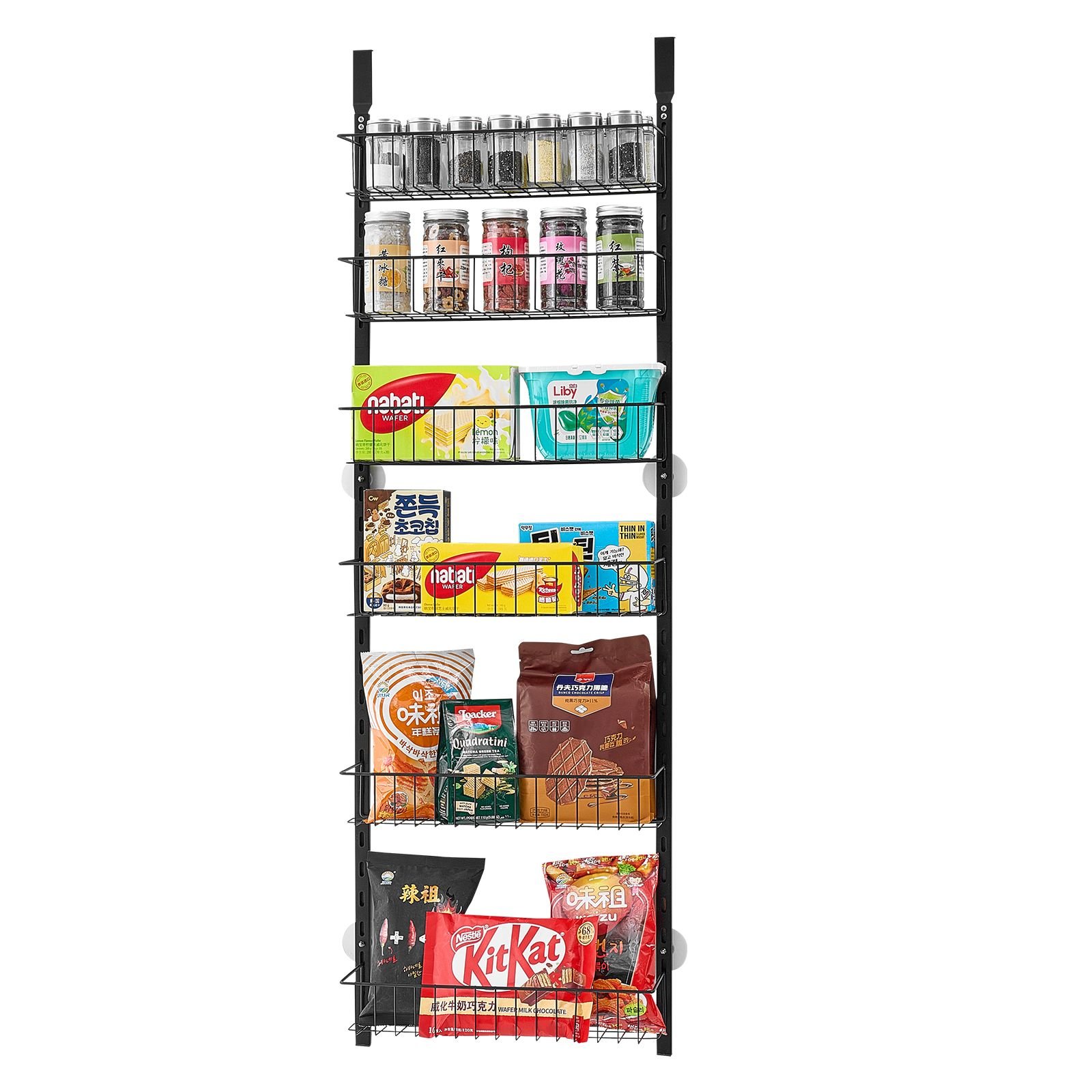 over the door pantry organizer, 6 tier pantry organization and storage, heavy duty steel hanging spice rack, adjustable wall seasoning shelves, for home kitchen laundry room bathroom, black