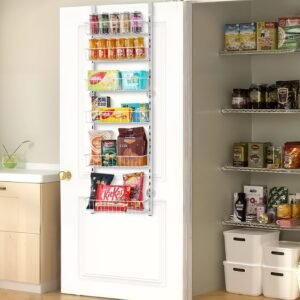 over the door pantry organizer, 6 tier pantry organization and storage, heavy duty steel hanging spice rack, adjustable wall seasoning shelves, for home kitchen laundry room bathroom, white