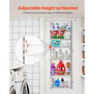 over the door pantry organizer, 6 tier pantry organization and storage, heavy duty steel hanging spice rack, adjustable wall seasoning shelves, for home kitchen laundry room bathroom, white