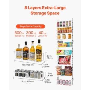 over the door pantry organizer, 8 tier pantry organization and storage, heavy duty steel hanging spice rack, adjustable wall seasoning shelves, for home kitchen laundry room bathroom, white