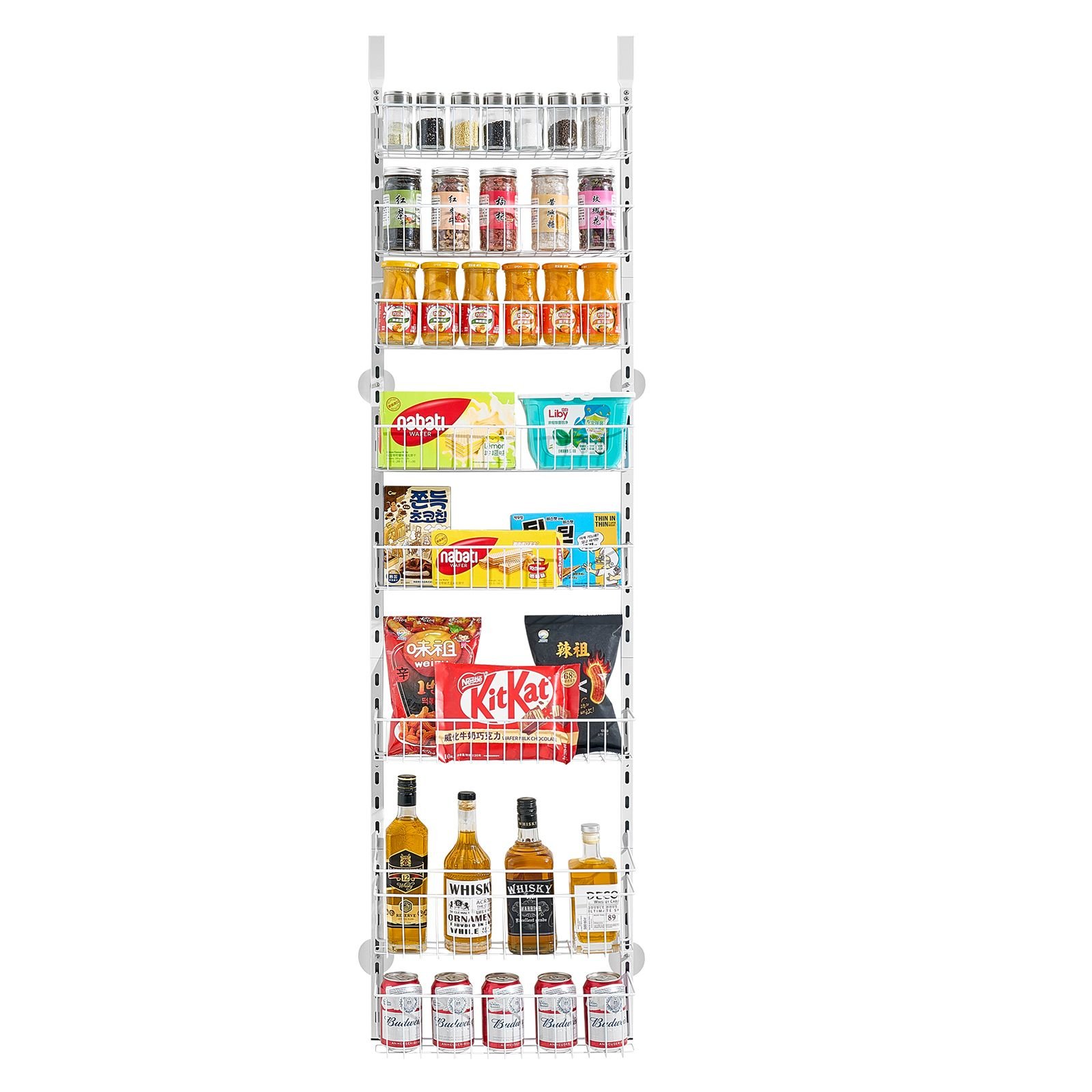 over the door pantry organizer, 8 tier pantry organization and storage, heavy duty steel hanging spice rack, adjustable wall seasoning shelves, for home kitchen laundry room bathroom, white