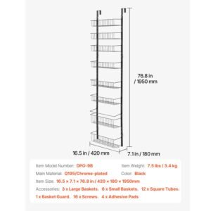 over the door pantry organizer, 9 tier pantry organization and storage, heavy duty steel hanging spice rack, adjustable wall seasoning shelves, for home kitchen laundry room bathroom, black
