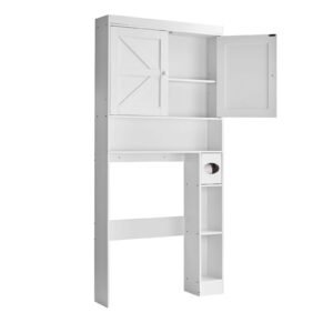 over the toilet storage cabinet, 67.44 in height bathroom storage organizer with double door and adjustable shelf, bathroom space saver organizer above toilet with open shelf, white
