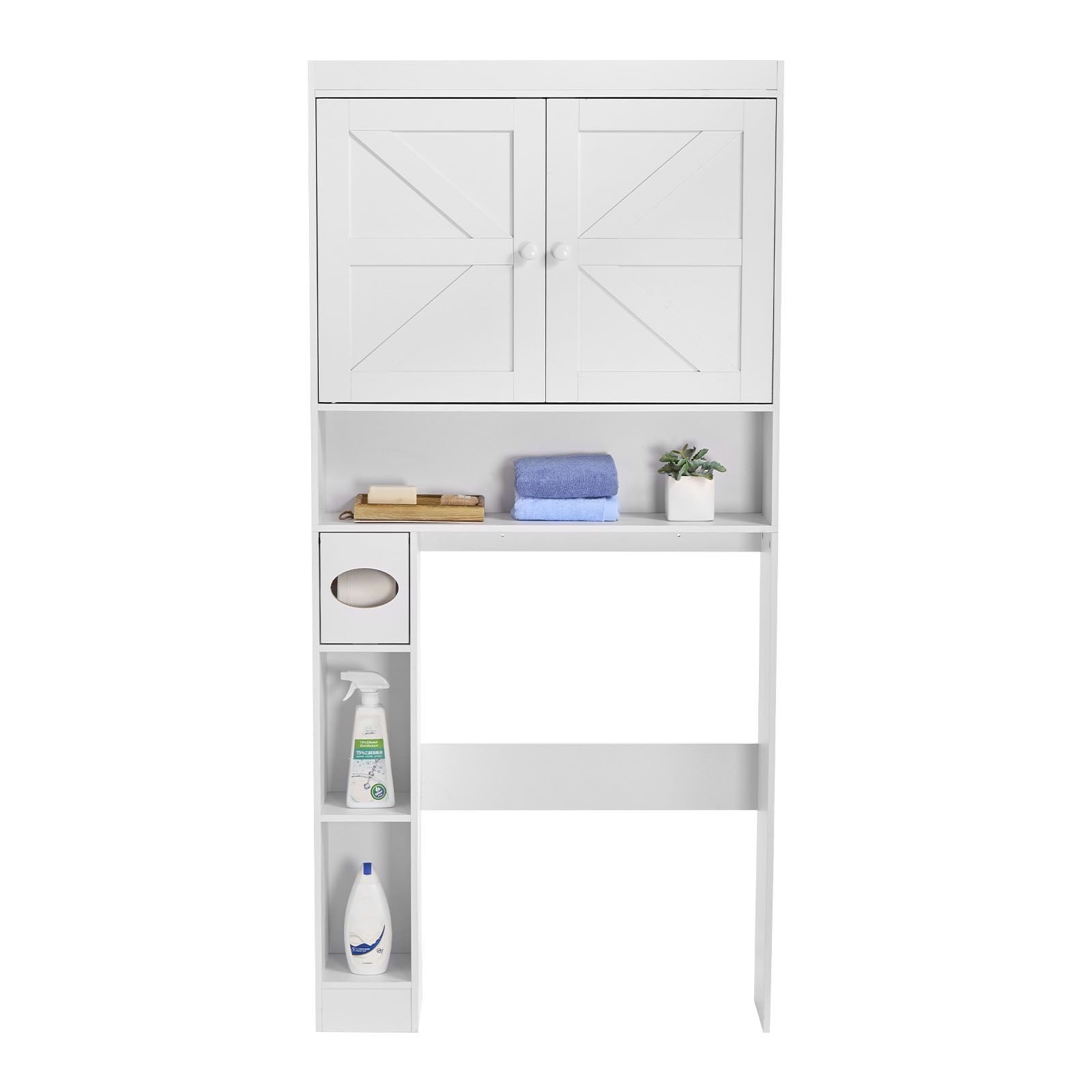 over the toilet storage cabinet, 67.44 in height bathroom storage organizer with double door and adjustable shelf, bathroom space saver organizer above toilet with open shelf, white