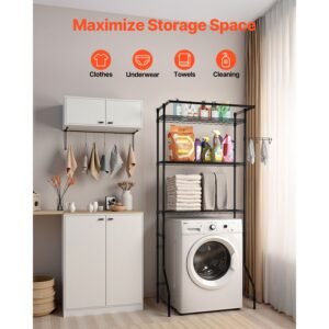 over washer and dryer storage shelf, 3 tiers laundry room drying rack with hanger rod and hooks, single row adjustable washer shelves space saver, for laundry room storage & organization, black