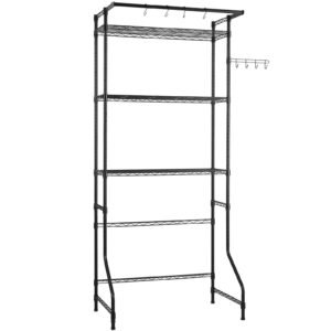 over washer and dryer storage shelf, 3 tiers laundry room drying rack with hanger rod and hooks, single row adjustable washer shelves space saver, for laundry room storage & organization, black