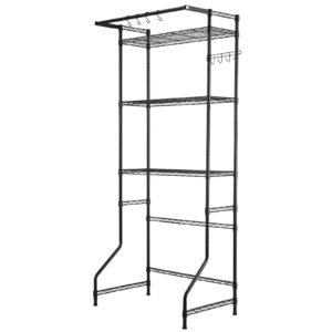 over washer and dryer storage shelf, 3 tiers laundry room drying rack with hanger rod and hooks, single row adjustable washer shelves space saver, for laundry room storage & organization, black