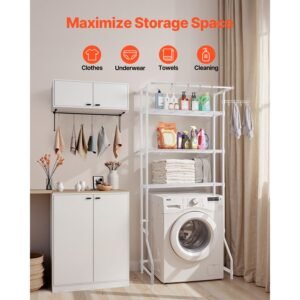 over washer and dryer storage shelf, 3 tiers laundry room drying rack with hanger rod and hooks, single row adjustable washer shelves space saver, for laundry room storage & organization, white