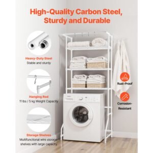 over washer and dryer storage shelf, 3 tiers laundry room drying rack with hanger rod and hooks, single row adjustable washer shelves space saver, for laundry room storage & organization, white