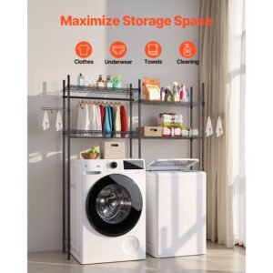 over washer and dryer storage shelves, 4 tiers laundry room drying rack with hanger rod and hooks, two rows adjustable washer shelves space saver, for laundry room storage & organization, black