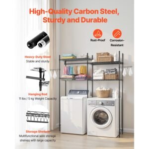 over washer and dryer storage shelves, 4 tiers laundry room drying rack with hanger rod and hooks, two rows adjustable washer shelves space saver, for laundry room storage & organization, black