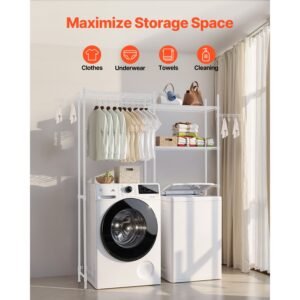 over washer and dryer storage shelves, 5 tiers laundry room drying rack with hanger rod and hooks, two rows adjustable washer shelves space saver, for laundry room storage & organization, white