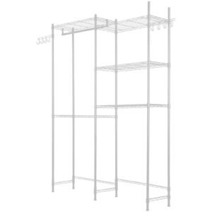 over washer and dryer storage shelves, 5 tiers laundry room drying rack with hanger rod and hooks, two rows adjustable washer shelves space saver, for laundry room storage & organization, white