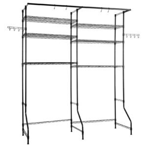 over washer and dryer storage shelves, 6 tiers laundry room drying rack with hanger rod and hooks, two rows adjustable washer shelves space saver, for laundry room storage & organization, black