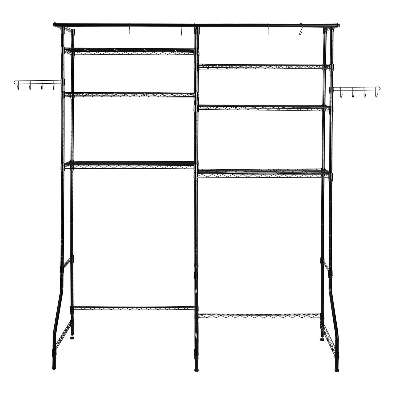 over washer and dryer storage shelves, 6 tiers laundry room drying rack with hanger rod and hooks, two rows adjustable washer shelves space saver, for laundry room storage & organization, black