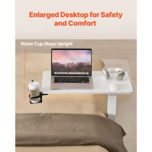 overbed table, mobile bed side table with 4 hidden wheels, height adjustable rolling laptop desk with cup holder, portable particleboard over bed desk for home, office, study, white