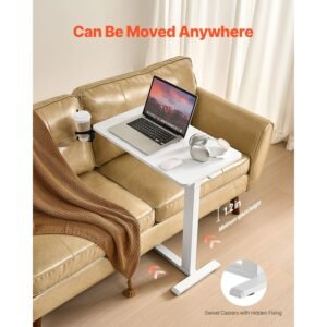 overbed table, mobile bed side table with 4 hidden wheels, height adjustable rolling laptop desk with cup holder, portable particleboard over bed desk for home, office, study, white