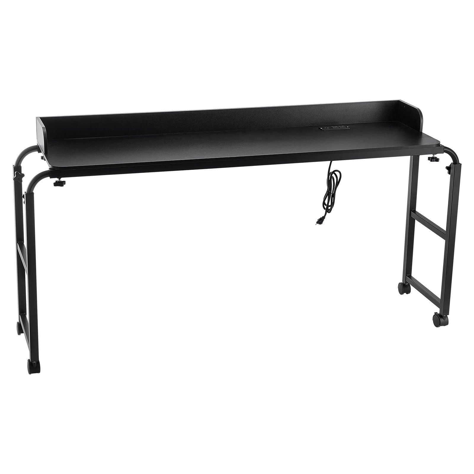 overbed table, mobile bed side table with 4 wheels (2 with brakes) and power socket, height adjustable rolling laptop desk, portable particleboard over bed desk for home, office, study, black