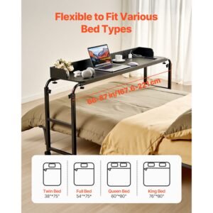 overbed table, mobile bed side table with 4 wheels (2 with brakes) and power socket, height adjustable rolling laptop desk, portable particleboard over bed desk for home, office, study, black