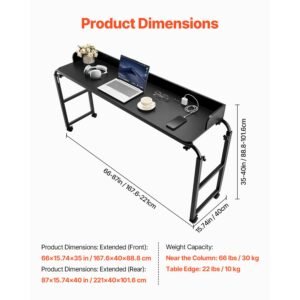 overbed table, mobile bed side table with 4 wheels (2 with brakes) and power socket, height adjustable rolling laptop desk, portable particleboard over bed desk for home, office, study, black