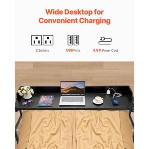 overbed table, mobile bed side table with 4 wheels (2 with brakes) and power socket, height adjustable rolling laptop desk, portable particleboard over bed desk for home, office, study, black