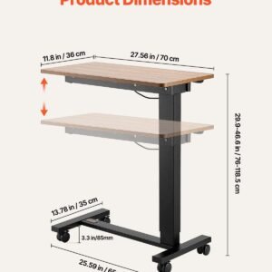 overbed table, mobile bed side table with 4 wheels, electric lifting with upgrade button, rolling laptop desk with cup holder, height adjustable overbed desk for home, office, study, wood+black