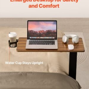 overbed table, mobile bed side table with 4 wheels, electric lifting with upgrade button, rolling laptop desk with cup holder, height adjustable overbed desk for home, office, study, wood+black