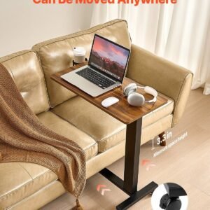 overbed table, mobile bed side table with 4 wheels, electric lifting with upgrade button, rolling laptop desk with cup holder, height adjustable overbed desk for home, office, study, wood+black