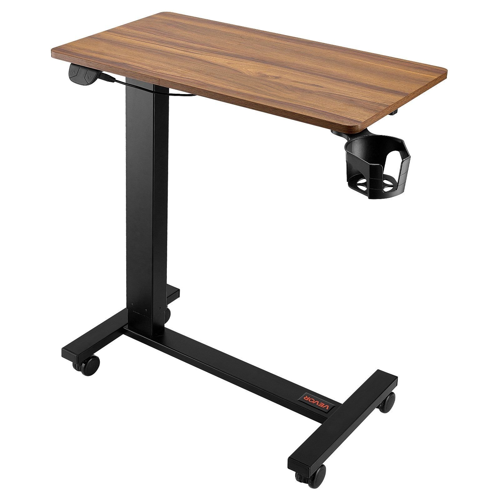 overbed table, mobile bed side table with 4 wheels, electric lifting with upgrade button, rolling laptop desk with cup holder, height adjustable overbed desk for home, office, study, wood+black