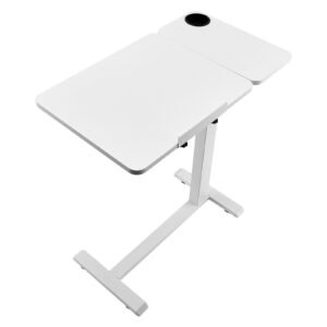 overbed table, mobile bed side table with flip desktop and 4 hidden wheels, height & angle adjustable rolling laptop desk with cup holder, portable over bed desk for home, office, study, white